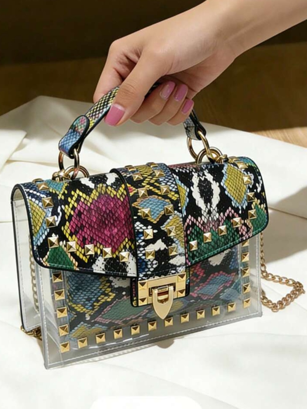New Multicolor Studded Snake-Print Clear Top-Handle Bag